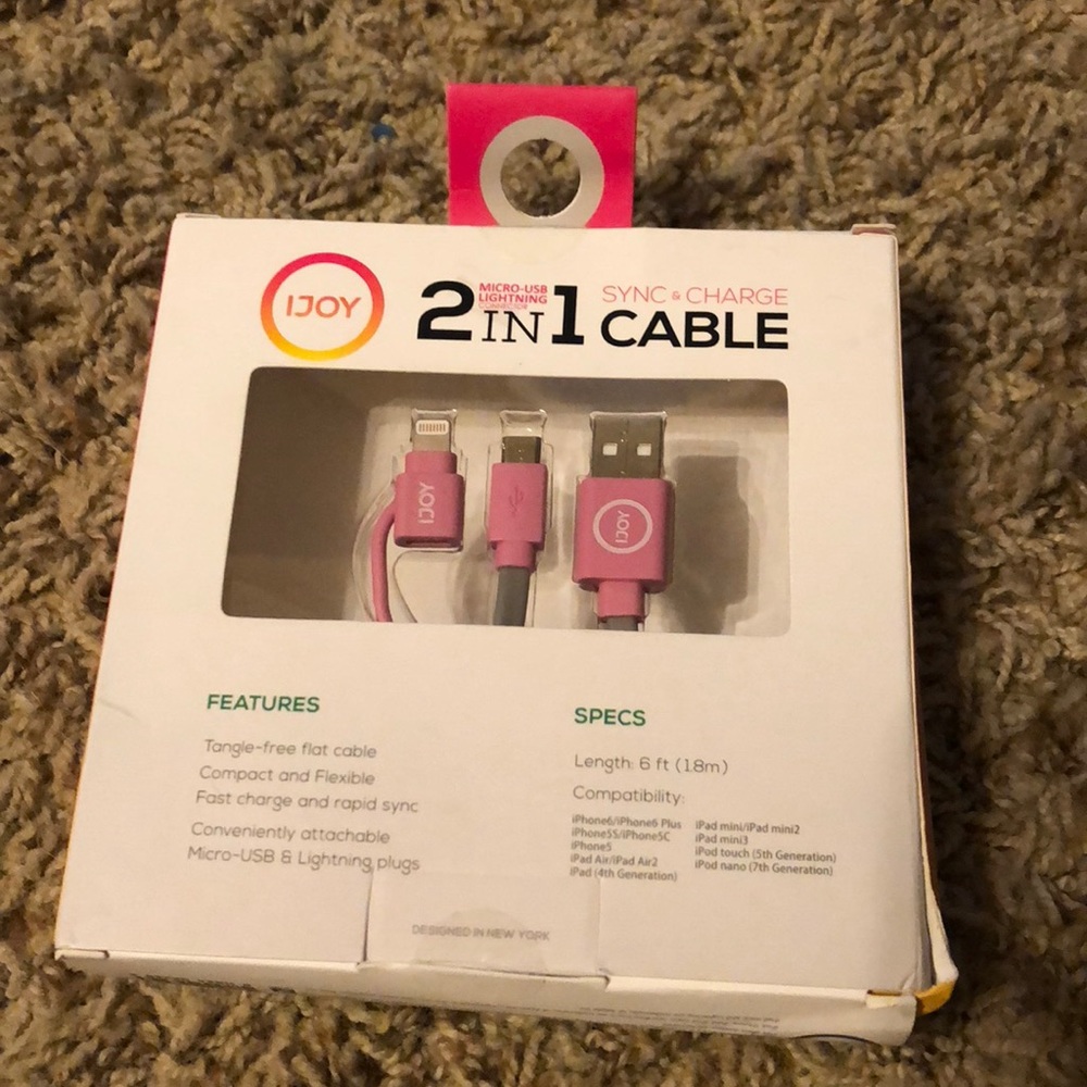 Pink phone charger 6ft 2in 1 cable